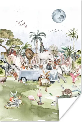Produktbild von MuchoWow® Poster Dschungel - Bus - Tiere - Kinder - Pflanzen 40x60 cm - Plakate für die Wand - Poster Babyzimmer
