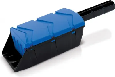 A blue and black scoop for spreading salt or sand.