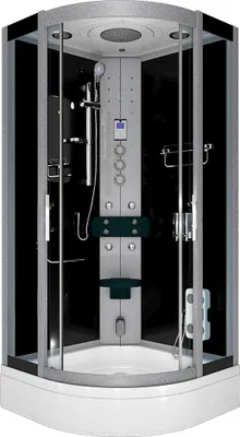 A modern, enclosed shower cabin with black glass panels and a gray frame, featuring a showerhead, controls, and seating.