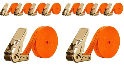 Productafbeelding van 4 spanbanden met ratelmechanisme, 2,5 cm breed en 8 meter lang, draagvermogen 1000 kg, oranje