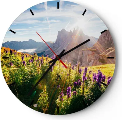 Produktbild von Wanduhr - Rund - Glasuhr - Berge Wiese Blumen - 30x30cm - Schleichendes Uhrwerk - Lautlos - zum Aufhängen bereit - Dekoration Modern - Wanddekoration aus Glas - C3AR30x30-4008