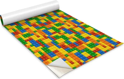 A sheet of wallpaper or decal with a pattern of colorful building blocks.