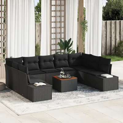 Produktbild von ZMH 10-Teiliges Garten Sofa Set mit Kissen Schwarz Poly Rattan Akazie