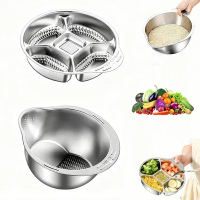 Produktbild von Reiswaschschüssel Edelstahl mit Gemüseeinsatz, kleines Reissieb, vielseitiges Küchenutensil für Quinoa, Gemüse & Obst
