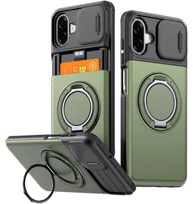 Produktbild von Handyhülle mit Kartenfach für Samsung Galaxy A06 / A07 5G/4G, Schiebe Kameraschutz, Ringhalter Ständer, Stoßfeste Schutzhülle Grün