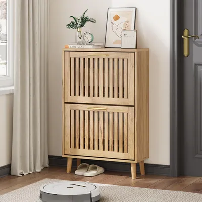 Obrázok produktu pre Skriňa na topánky s lamelymi a 2 výklopnými zásuvkami, úzka, z prírodného dreva, 59,7 cm