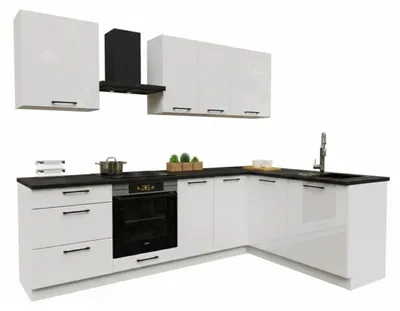 Produktbild von Küchenzeile - Küche L Form - 260x170 cm - Hochglanz weiß - MDF - mit schwarzer Arbeitsplatte - Soft-Close Funktion - Eckküche - DENIS