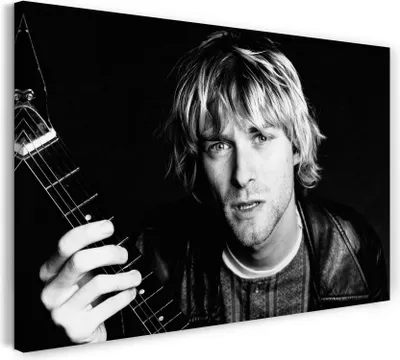Produktbild von Leinwandbild (100x70cm): Kurt Cobain Portrait Nirvana Rock-Legende Grunge Gitarre, echter Holz-Keilrahmen inkl. Aufhänger, handgefertigt in Deutschland