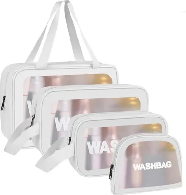 Produktbild von Transparente Reise Kulturbeutel Set 4-teilig Weiß Kunstleder PVC Organizer