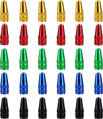 Imagen del producto de Tapas de válvula para neumáticos de bicicleta Presta, paquete de 30 unidades, fabricadas en aluminio anodizado, de varios colores, aptas para bicicletas de montaña (MTB) y de carretera