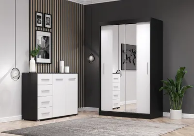 Produktbild von 2er-Set Schwebetürenschrank Schrank Kleiderschrank mit Spiegel Schwarz/Weiß 120cm NEOMI 01 mit Kommode 135cm FRIDA 01