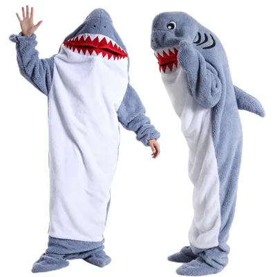 Produktbild von Shark Blanket Hoodie mit Ärmeln - Flanell Schlafsack für Erwachsene und Kinder