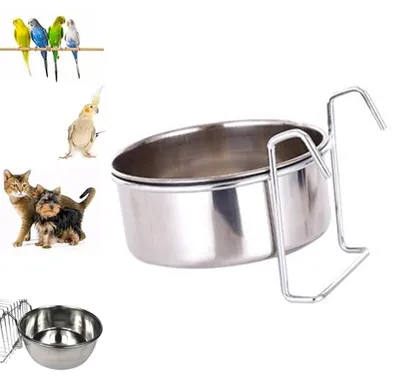 Obrázok produktu pre Kŕmna miska pre vtáky - 14 x 5,5 cm - 850 ml - S úchytom na zavesenie - Miska na krmivo a vodu pre vtáky - Nerezová oceľ - Vhodná pre klietky a voliéry