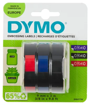 Produktbild von DYMO Original Prägeband | 3D schwarz | blau & rot | 9 mm x 3 m | selbstklebendes Kunststoff Etikettenband | für Junior & Omega Beschriftungsgerät | 3 Stück