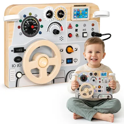 Immagine prodotto di Tavolo da gioco in legno Mamabrum, trasformabile in un cruscotto di auto con volante, luci e suoni, adatto a bambini dai 3 anni in su, completo di cambio marcia, chiave, autoradio e mappa stradale, Immagine generata dall'IA