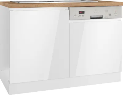 Produktbild von Spülenschrank mit Nische für Geschirrspüler in Hochglanz weiß, Arbeitsplatte Eiche MARSEILLE-03