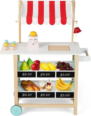 Image de COSTWAY Épicerie pour enfants, magasin de jouets à 3 niveaux avec 6 jouets en glace & balance & cloche & planche, épicerie ludique en bois de pin avec 2 roues antidérapantes pour enfants 3+