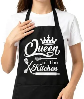 Produktbild von Damen Kochschürze Schwarz, Lustige Küchenschürze für die Königin der Küche, Verstellbare Schürze mit Tasche, Geschenk für Mama oder Ehefrau, Schürze zum Kochen und Grillen