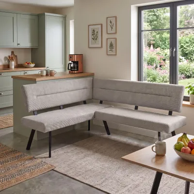Produktbild von BEAUTYSOFA | Küchen-Eckbank L-Form Links ZERRA Beige Curio-Stoff, gepolsterte Kücheneckbank, Esszimmer-Eckbank mit schwarzen Metallbeinen