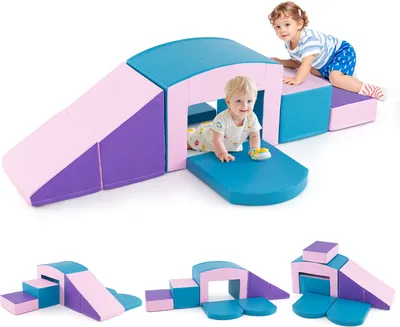 Two toddlers playing on a colorful soft play climbing set.