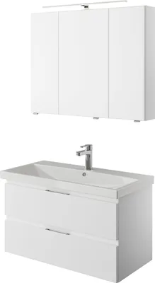 Produktbild von Bad Einzelwaschplatz Set, 90cm breit, grifflos, in weiß Glanz VILLATORO-66, B/H/T ca. 90/200/45 cm