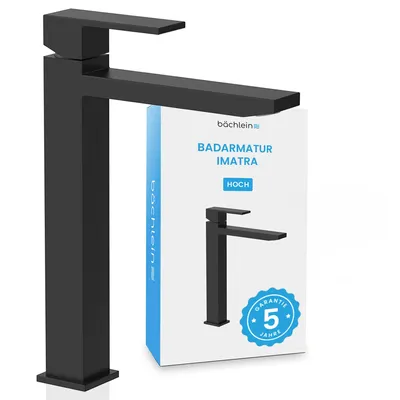 Produktbild von Bächlein Wasserhahn hoch fürs Bad in kantigem Design – extra hohe Armatur mit 215mm Auslaufhöhe für Aufsetzwaschbecken, Waschtischarmatur hoher Auslauf - Matt Schwarz