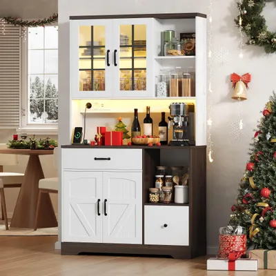 Immagine prodotto di Merax: mobile da cucina in stile rustico con cassetti e ripiani regolabili, credenza con luci a LED e prese elettriche, credenza con ganci in acciaio inossidabile, bianco