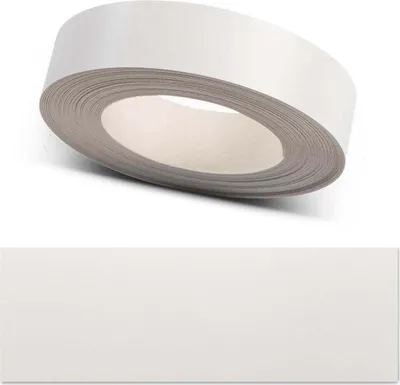 A roll of white tape with a gray core is shown in an angled view against a white background. A rectangular strip of the same white tape is displayed below.