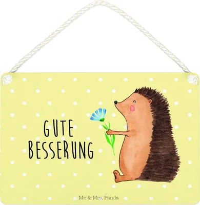Produktbild von Mr. & Mrs. Panda Schild Igel Blumen DIN A4 - Gelb Pastell - Geschenk, Holzschild, kleine aufmerksamkeit, Türschild, Krankenhaus, Krankheit, Lustige Sprüche, krank