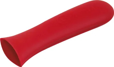A red silicone handle cover for a pan.