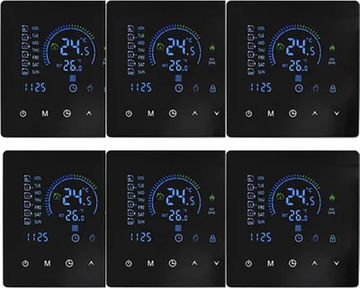 A collage of six identical smart thermostat displays, showing temperature and time.