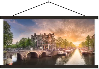 Produktbild von MuchoWow® Textilposter Grachten - Amsterdam 120x60 cm mit schwarzem Rahmen - Dekoration Schlafzimmer