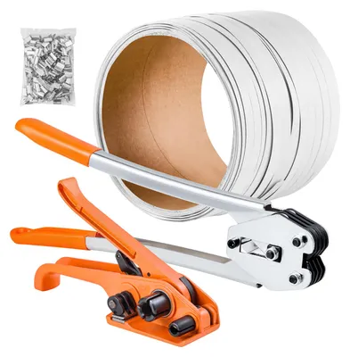 Immagine prodotto di Set di reggiatura SucceBuy da 4 pezzi con nastro in PET, strumenti di reggiatura manuali con 100 m di nastro, 100 graffette metalliche e taglierina, perfetto per l'imballaggio, il trasporto e lo stoccaggio in officina