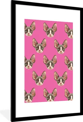 Produktbild von MuchoWow® MuchoWow® Gerahmtes Poster Katze - Rosa - Muster 60x90 cm - Poster mit zchwarzem Bilderrahmen - Dekoration - Wandposter Wohnzimmer - Hochwertig