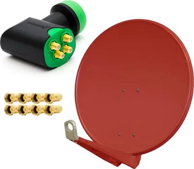A satellite dish, LNB, and F-connectors are arranged on a white background.