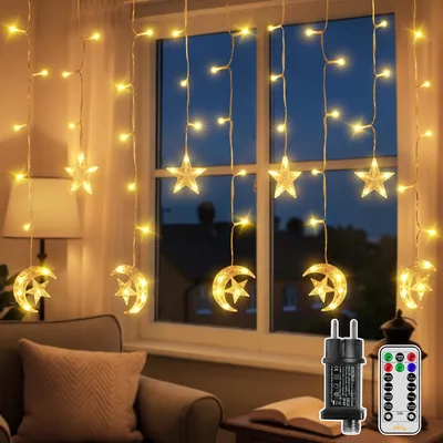 LED-Lichtschnur Stern & Mond, 2 m, 100 LEDs, warmweiß, Timer, IP44
