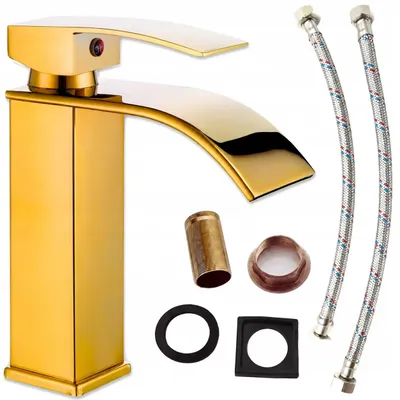 Immagine prodotto di Miscelatore per lavabo – Montaggio a incasso – Acciaio inossidabile – Valvola in ottone – Monocomando – Acqua calda/fredda – Bocchetta a cascata – Oro