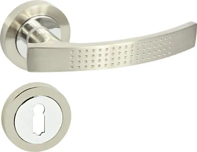 A silver-colored door handle set with a round rosette, shown against a white background.