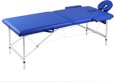 Produktbild von Klappbare Massageliege 2 Zonen mit Aluminiumgestell, Behandlungsliege blau, 30 mm Polsterung, höhenverstellbar 59 bis 81 cm, 186 x 68 cm, 150 kg für Praxis, Spa und Studio