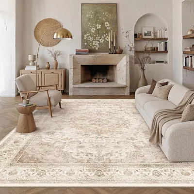 Productafbeelding van Vloerkleed - 200 x 300 cm - Rubber - Laagpolig - Vintage oosters - Antislip - Machinewasbaar - Beige