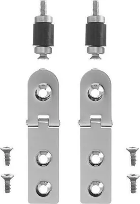 A set of two chrome-plated hinges with screws and mounting hardware, displayed against a white background.