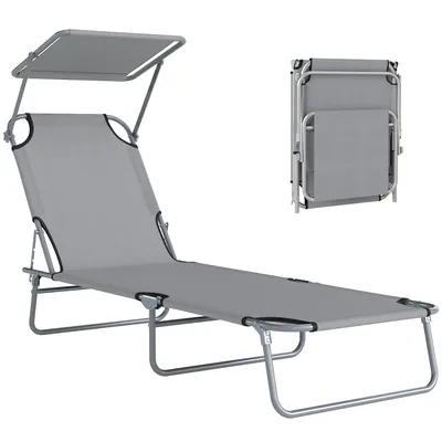 Produktbild von Liegestuhl, Deckstuhl, Campingliegestuhl, Gartenliegestuhl, Klappliegestuhl mit Sonnendach, vier verstellbare Positionen, Tragfähigkeit 120 kg,Grau