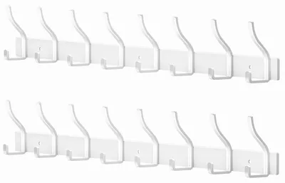 Image de Patères en acier inoxydable, portemanteau blanc, patères murales à 8 crochets, portemanteau pour armoire, portemanteau mural pour chambre, salle de bains, cuisine, portemanteau (blanc, 8 crochets, lot de 2)