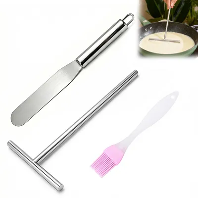 Produktbild von Crêpe-Teig-Verteiler-Set, 3-teilig, für Anfänger, hochwertiger Edelstahl, hitzebeständig, mit Spateln, Wender und Pinsel, inklusive Aufhängeöse.