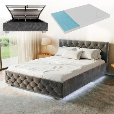 Produktbild von Juskys Polsterbett Nizza 140x200 cm mit Matratze - Bettgestell mit Lattenrost, Stauraum & LED Beleuchtung - Samtbezug, Chesterfield-Steppung - Grau
