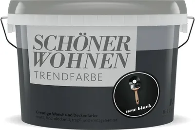 A bucket of black paint with branding and product information.