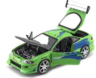 A green toy car with blue racing stripes, hood, doors, and trunk open, on a white background.