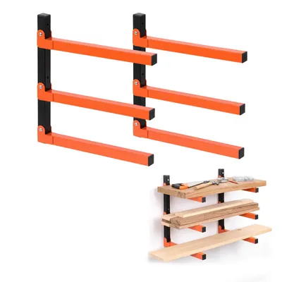 Produktbild von 2x Metallregal zur Holzlagerung, Kragarmregal für Wandmontage (150 kg Tragkraft) – Klappbares Schwerlast Wandregal mit 3 Ebenen, für Garage, Werkstatt