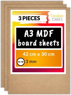 A product label for A3 MDF board sheets, showing quantity, dimensions, and thickness.