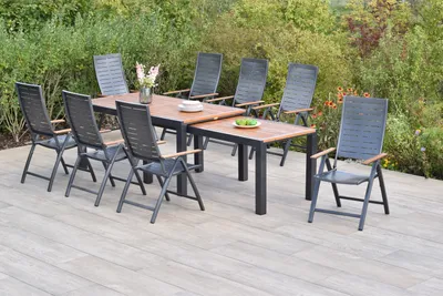 Produktbild von Merxx Gartenmöbel Set Tinos 9tlg., 8 Klappsessel, Flex Ausziehtisch 180 (180) x 100 (83) x 80 (74) cm- Aluminium/Akazie